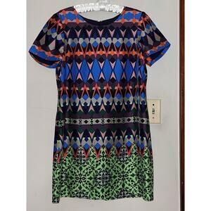 J CREW GREEN BLUE GEMSTONE GEO PATTERN SILK SHIFT DRESS SIZE 10